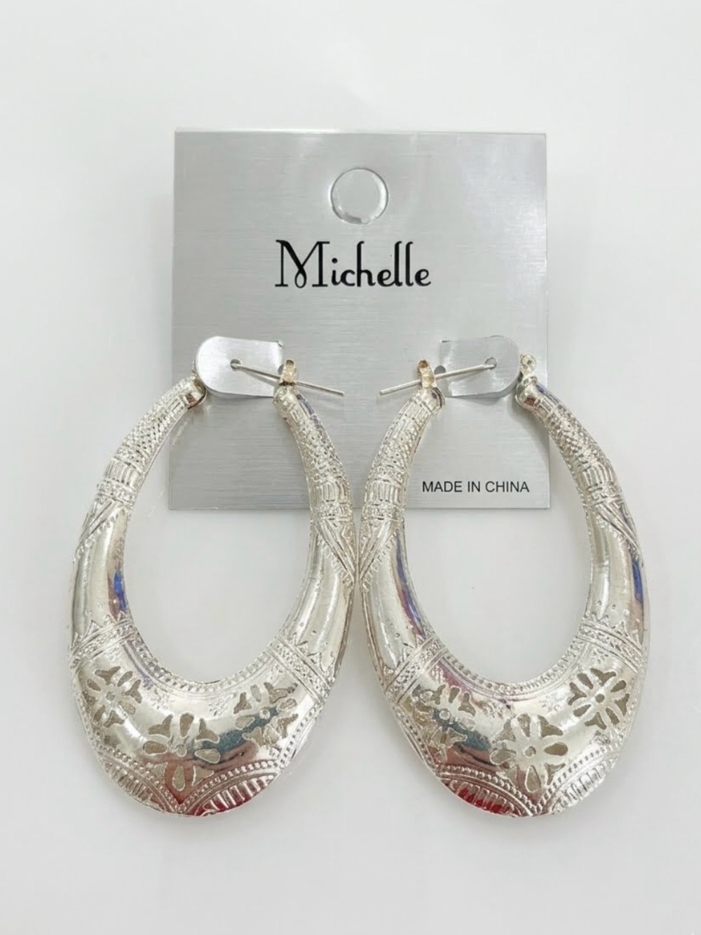 Michele Silver Floral Engraved Teardrop Hoop Earrings